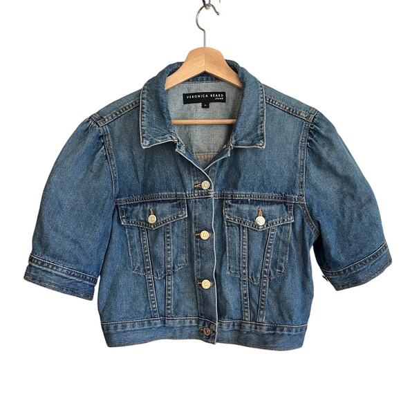 Veronica Beard Raina Blue Jean Denim Cropped Jacket Short Puff Sleeve | XL - Picture 5 of 13